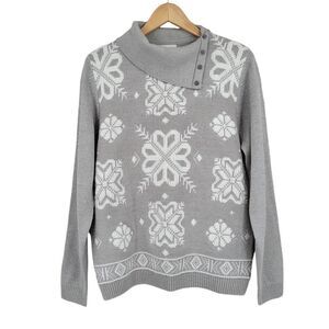 Alfred Dunner Gray Silver Fair Isle Snowflake Foldover Turtleneck Sweater